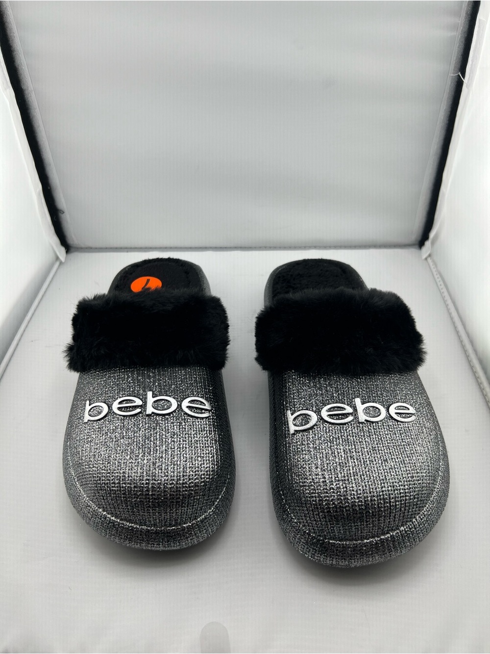 👟bebe Silver Glitter Faux Fur Slide Slippers size 7
